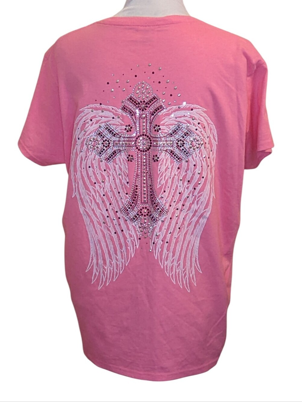 Angel Wings Cross Sparkly Tee Women's Pink Large